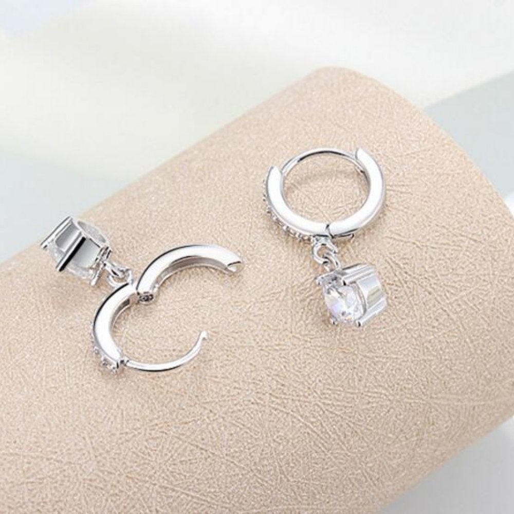 NEW Solitaire Diamond Drop Silver Hoop Earrings - Picture 9 of 9